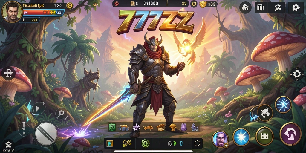 Screenshot utama game RPG 777ZX menampilkan pertarungan seru dan visual yang menawan.