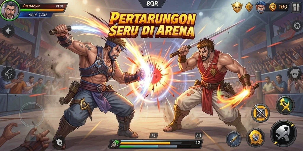 Tampilan gameplay 8QR yang mendebarkan di arena pertarungan.