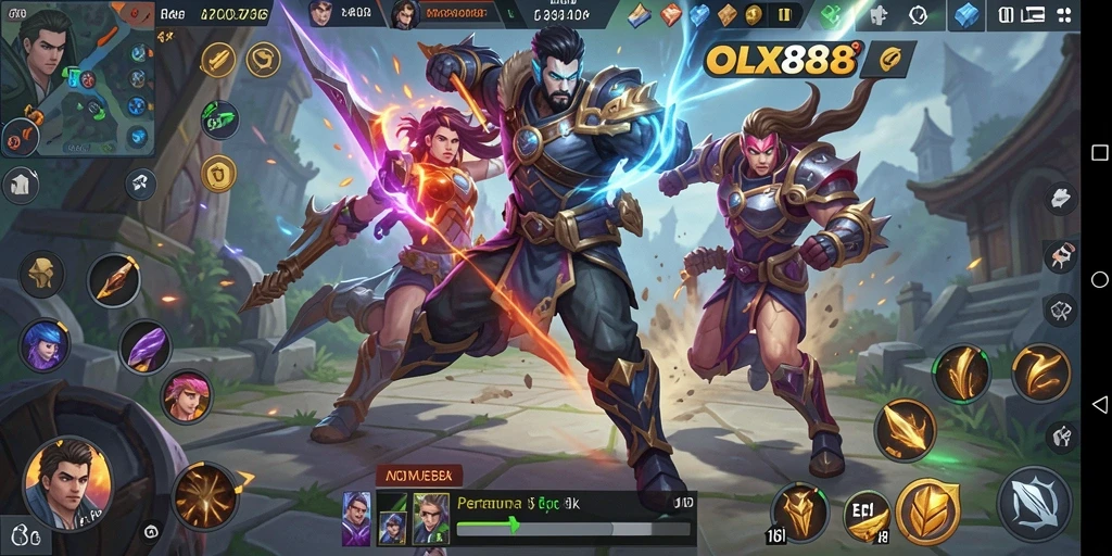 Tampilan dinamis gameplay MOBA dalam OLX888 dengan karakter yang beragam.