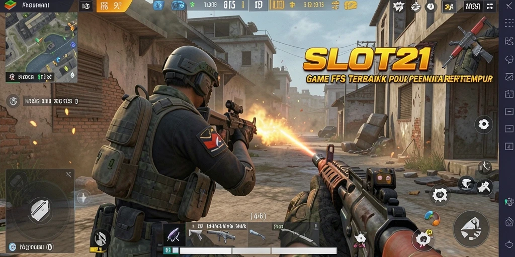 Tampilan aksi intens dalam SLOT21 menampilkan gameplay FPS yang dramatis.