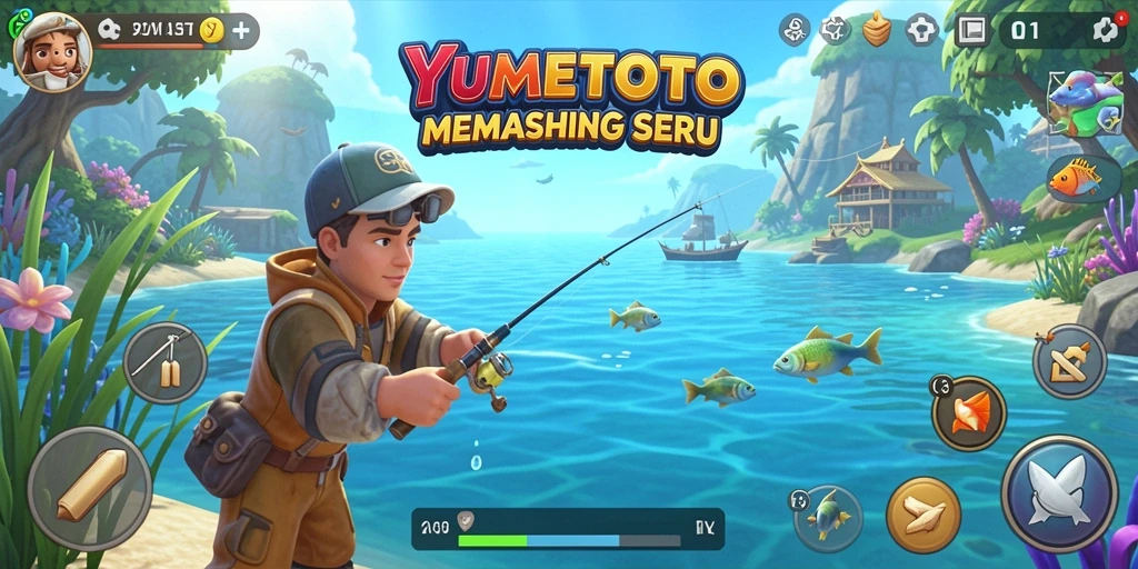 Screenshot YUMETOTO menampilkan pemain menangkap ikan di tengah laut.